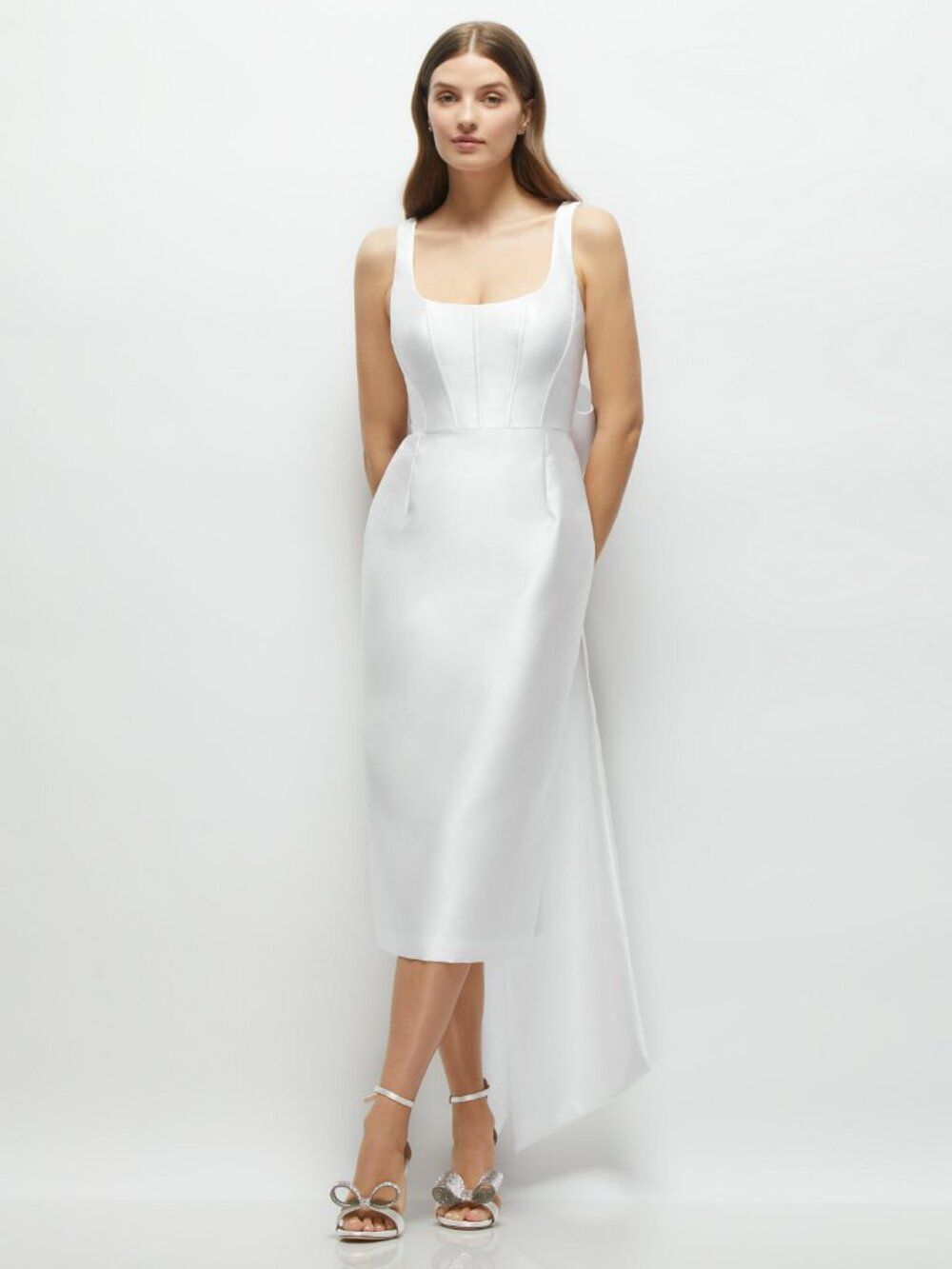 Dessy Ivory Midi Satin Formal Dress Corset Bow Bridal Wedding
